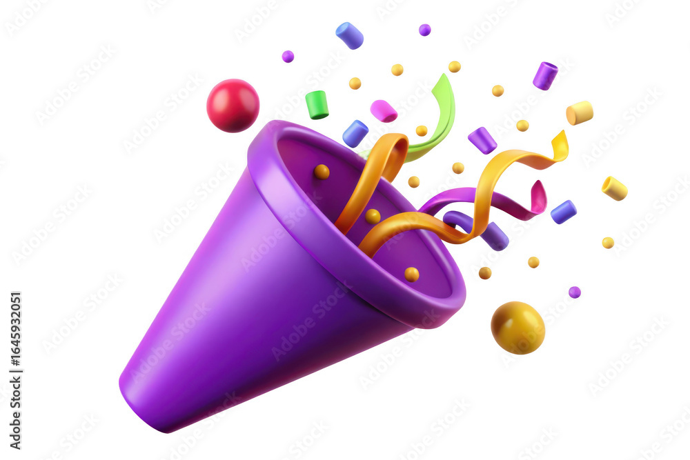 Poster 3d purple party popper exploding confetti isolated on transparent background