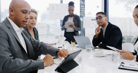 Tablet, planning and teamwork with business people in meeting for revenue, profit report and research. Budget proposal, investment portfolio and feedback with employees in office for project