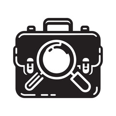 Briefcase Icon with Magnifying Glass Vector Black and White