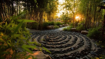 A stone path in a forest with a spiral design
