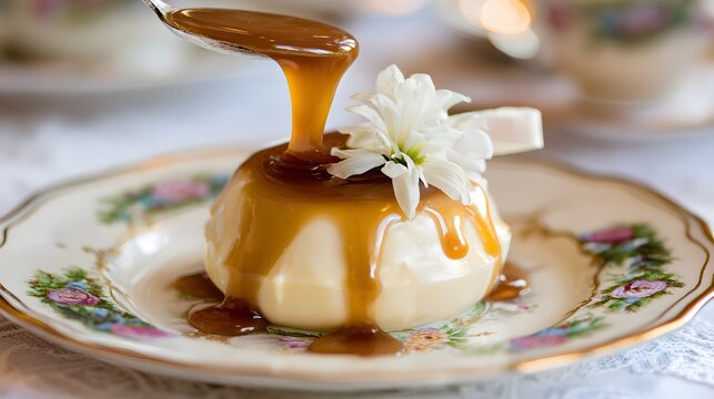 Caramel sauce poured over a small panna cotta dessert.