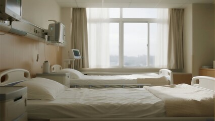 A modern hospital room features two beds, large windows with light curtains, and medical equipment, creating a clean, calm space for patients.