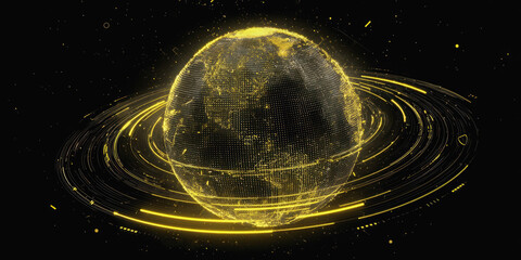 Global economic event impact concept. A digital representation of the Earth, featuring a mesh of glowing dots and swirling lines, set against a dark background, symbolizing technology and connectivity
