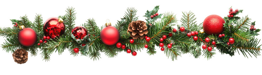 Obraz premium Christmas garland decoration with red baubles, pinecones and berries isolated on transparent background