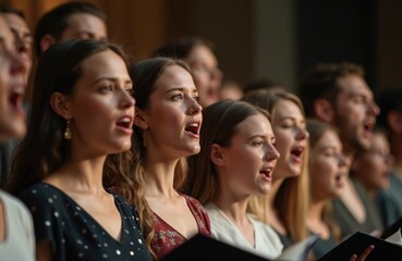 Fototapeta premium Group of diverse people singing together in choir performance. Focused on music, creating sense of harmony, community. Image represents joyful vocal music, group singing, shared performance