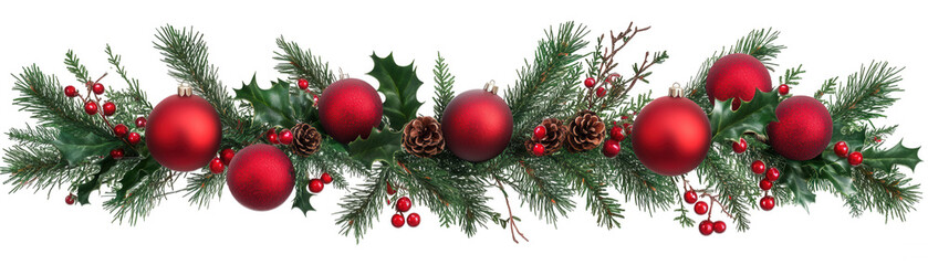 Fototapeta premium Christmas garland with red baubles, berries, pinecones, and fir branches isolated on transparent background