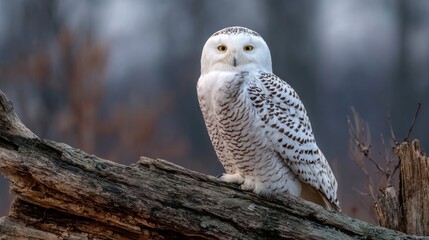Fototapeta premium Snowy owl perched on log