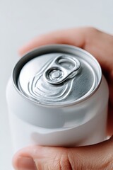 Close-up of a White Aluminum Can Held in Hand