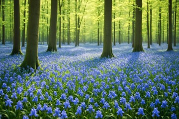 Serene forest filled with blooming bluebell flowers under soft sunlight, creating a dreamlike and peaceful spring woodland atmosphere. Ai generative