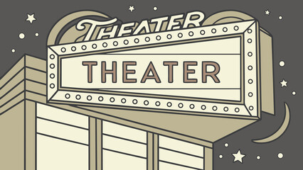 Illustration of a theater building with a marquee sign under a starry night sky and a crescent moon art