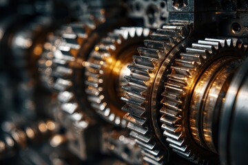 Fototapeta premium Close-up of Interlocking Metal Gears with Golden Hues and Mechanical Precision