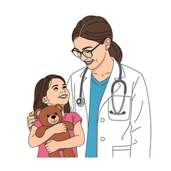 Pediatrician's Gentle Care: A comforting scene of a pediatrician, with a warm smile and reassuring presence, attending to a young child who clutches a teddy bear.