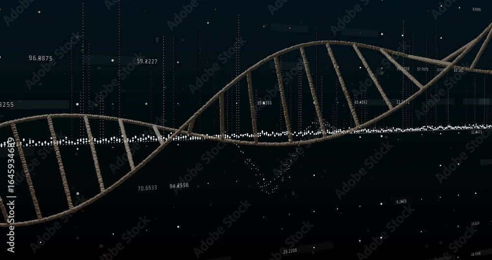 Poster DNA helix entering view waving and aligning particles fading numeric labels illustrating data flow