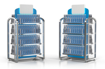 Retail mineral water bottle display stands with blank logo sign on top. 3d illustration transparent background © Wire_man