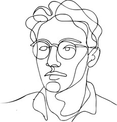 line art illustration of  man face line art abstract portrait one line drawing glasses outline