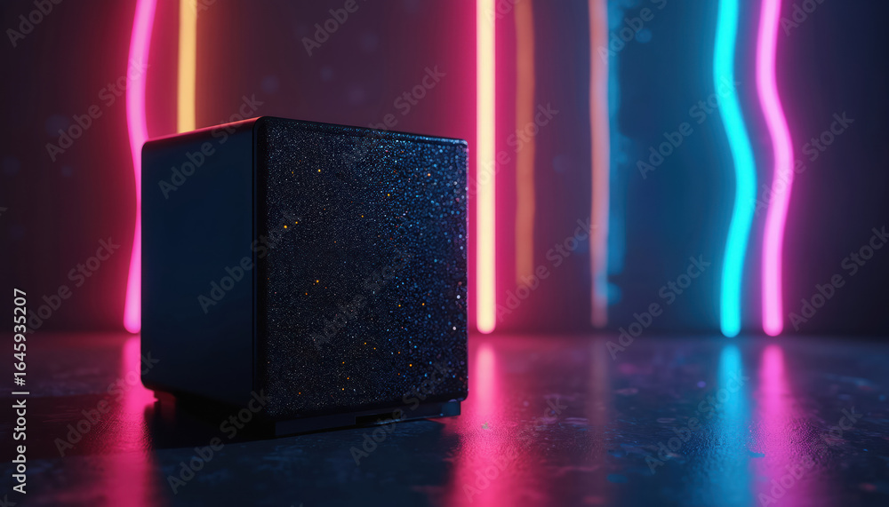 Poster futuristic scene with dark metallic rectangular object featuring speckled surface illuminated by vib