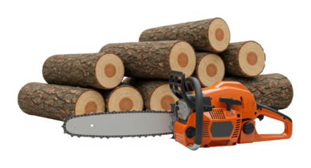 Logging operation with chainsaw and timber logs forest location industry content natural environment ground wood processing concept. Cut out png