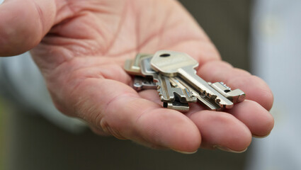 Close up of hand holding a set of metal keys symbolizing security access control and property management opportunities and the responsibility of ownership and a new chapter in life