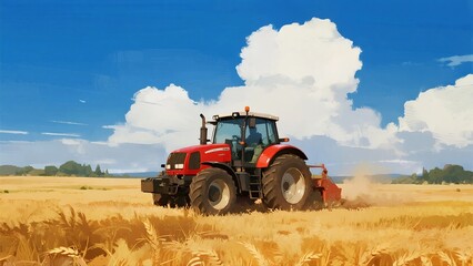 Obraz premium A red tractor works in a golden wheat field, plowing the land under a clear blue sky with white clouds.