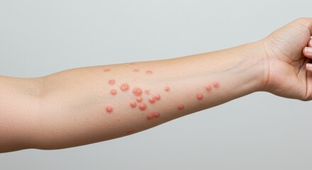 Close-up of arm with contact dermatitis rash and redness, clinical dermatology medical image on white background