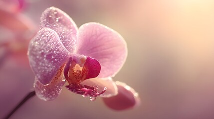 Close-up of a delicate pink orchid flower with water droplets.