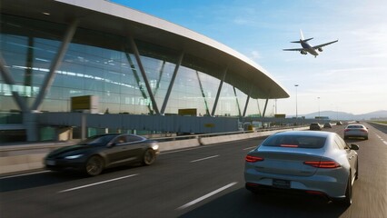 A modern airport terminal with curved glass architecture, cars on the highway, and an airplane taking off in the sky.