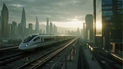 Naklejka premium High-speed train glides through a modern city with tall buildings at sunrise, showcasing urban transportation and architecture.