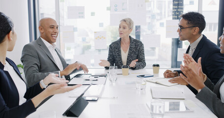 Success, teamwork and planning with business people in meeting for profit report, applause and...