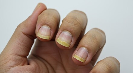 Macro medical image of hand with fungal nail infection showing thick yellow nails, isolated on white background.