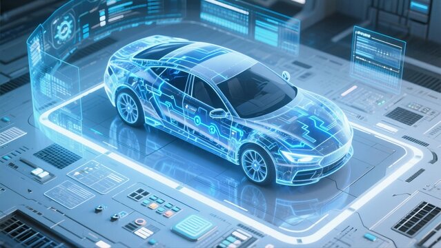 A 3D holographic car model illustrates internal circuitry and digital interface, showcasing advanced automotive technology integration.
