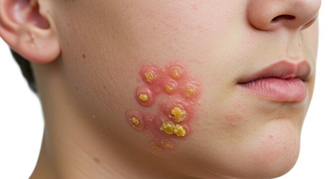 Pediatric dermatology photo of child&rsquo;s cheek with impetigo showing yellow crusted sores, isolated on white background.

