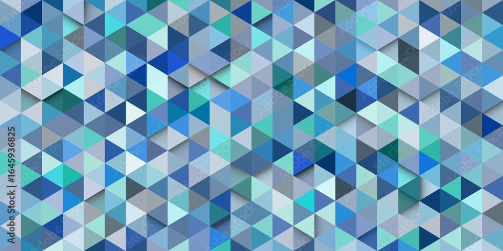 Poster geometric pattern of triangles in shades of blue-green creating a sense of depth and volume. abstrac