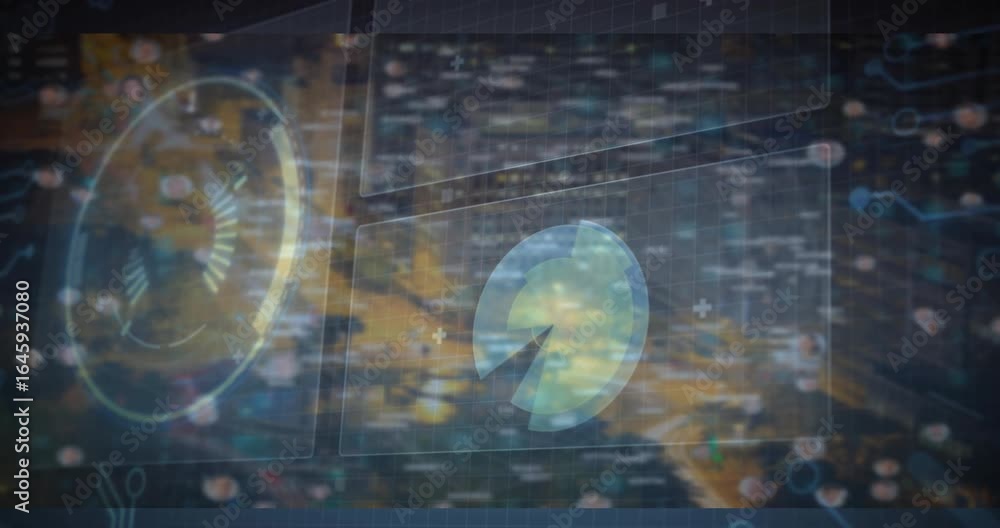 Poster night traffic trails starting overlay fading, code scrolling, gauge pulsing and pie chart rotating
