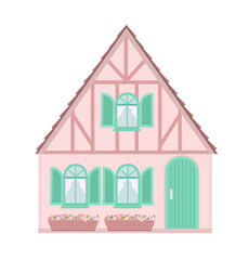cute little pink house with shutters windows. isolated sweet two story building with flower pots