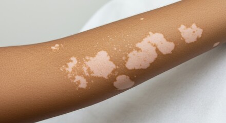 Dermatology clinical photo of arm with vitiligo showing white depigmented skin patches, isolated on white background.