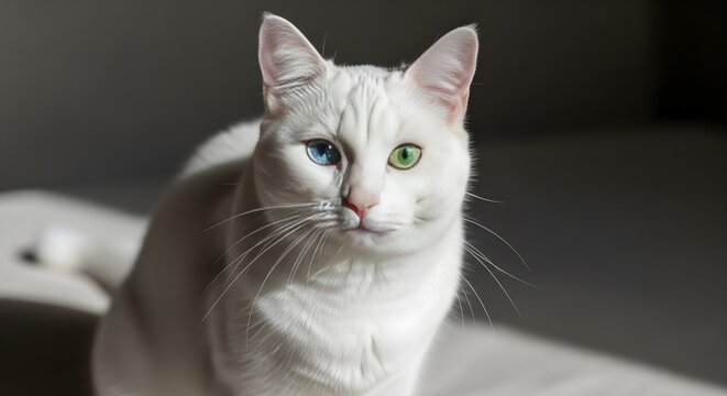 A white cat with heterochromia sitting on a white surface looking directly at the camera in soft light on transparent background