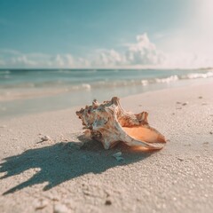 Seashell on sandy beach at sunrise