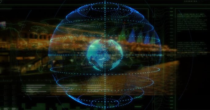 Forming grid sphere initiating globe rotating fading light bands sweeping rings scanning data