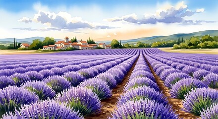 Fototapeta premium A watercolor painting of a lavender field with a small village in the background under a cloudy sky