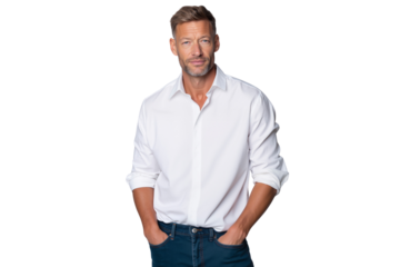 Confident, middle-aged man in a crisp white button-down shirt and jeans, posing with his hands in his pockets