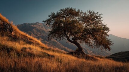 Obraz premium Solitude tree on golden hillside
