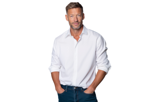 Confident, middle-aged man in a crisp white button-down shirt and jeans, posing with his hands in his pockets