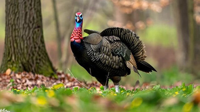 A wild turkey explores the forest floor surrounded by colorful leaves and peaceful nature sounds in a tranquil setting