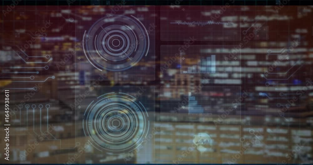 Poster flickering data lines driving hud circles and bar chart emerging over city skyline showing data