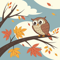 Illustration of an owl perched on a branch with autumn leaves and clouds in the background scenery art