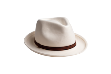 Classic white fedora hat with a brown leather band, shot against a clean, transparent background