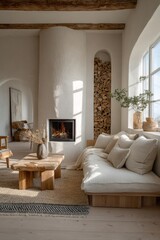 Cozy Living Room with Fireplace, Wood Storage, and Natural Light