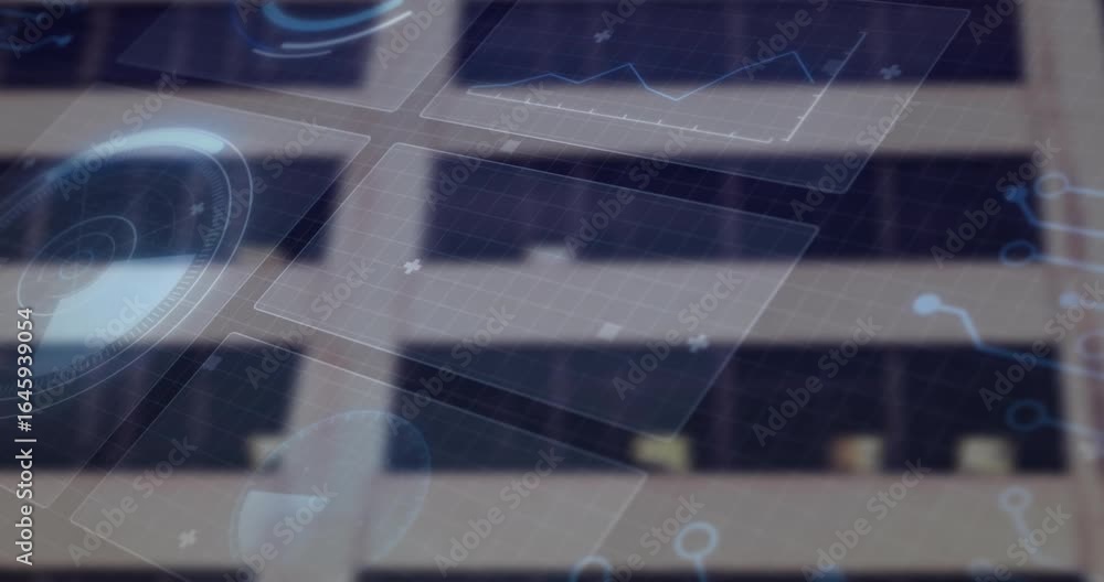 Poster upon appearing data panels animating over office facade shifting and morphing to visualize insights