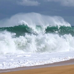 Fototapeta premium Powerful ocean waves crashing on a sandy beach