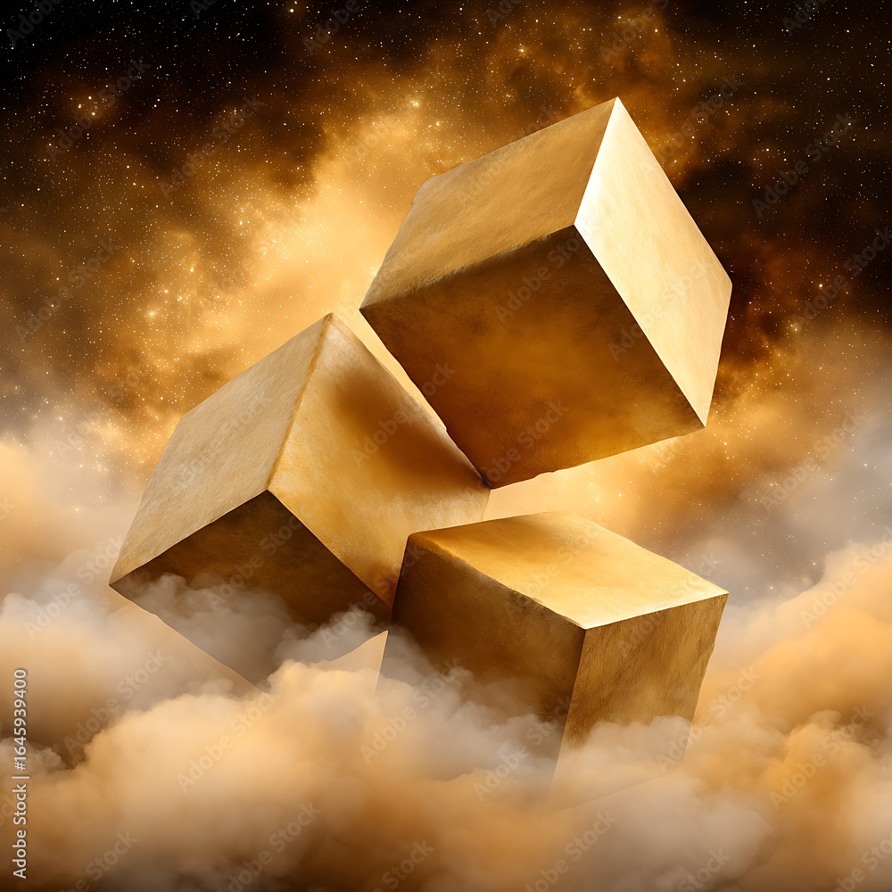 Poster an abstract digital artwork featuring luminous, floating rectangular shapes illuminated with golden 